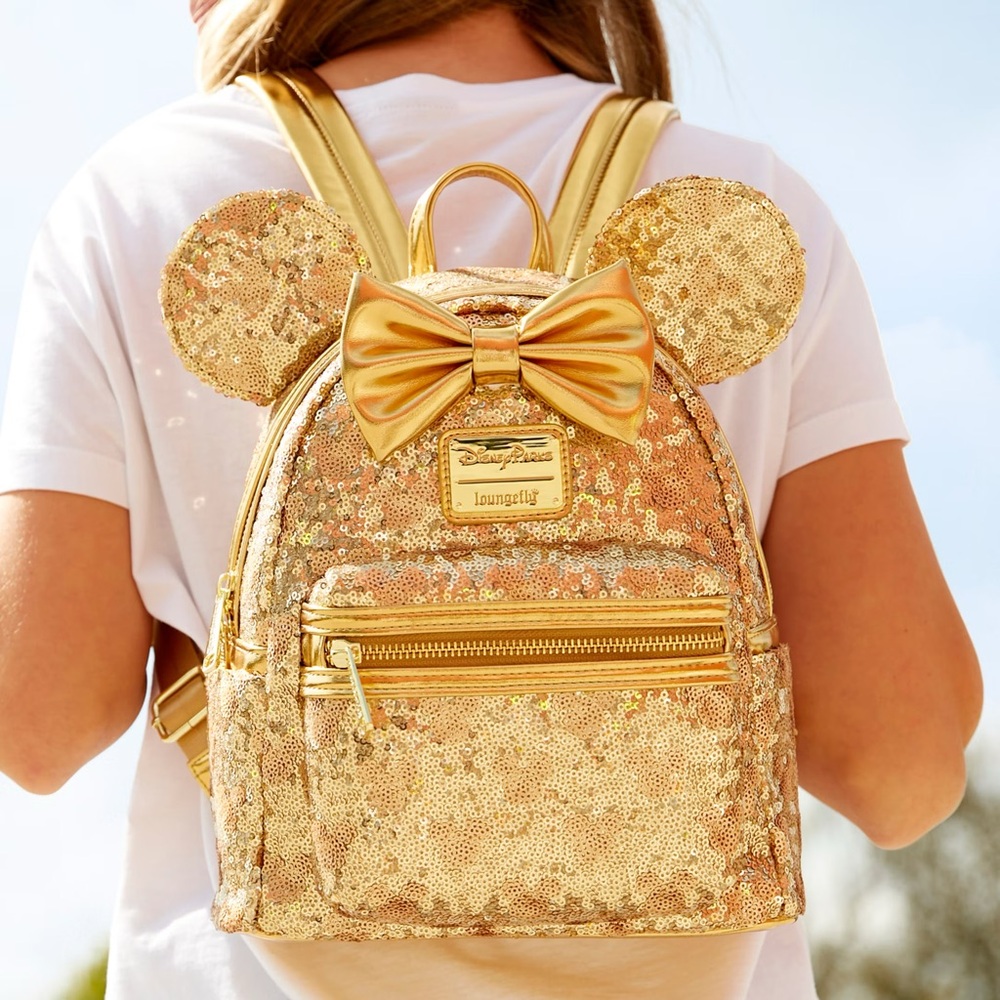 Loungefly Minnie Mouse Golden Sequin Mini Backpack with Bow and Ears